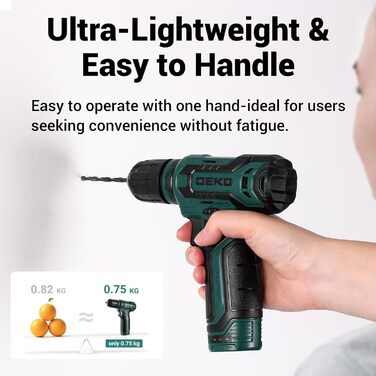 Набір акумуляторної дрилі DEKO 12V: 238 штук інструментів у кейсі. Акумуляторний дриль-шуруповерт для дому, жінок та базового ремонту. Зелений.