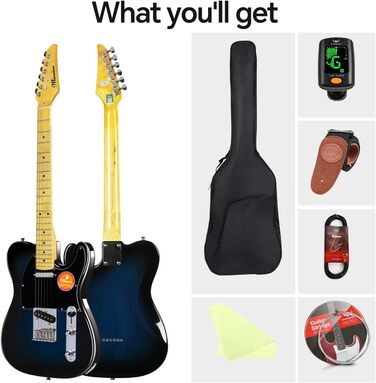 Електрогітара Bullstar для початківців TL Series, повний розмір, корпус з павловнії, гриф C-подібної форми, комплектація з аксесуарами, сумка MS110 (блакитна)