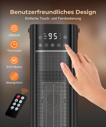 Електричний обігрівач PTC з керамічним нагрівачем, 2000W, 75° обертання, термостат, тихий, 3 режими, таймер 24 год, захист від перегріву та перекидання