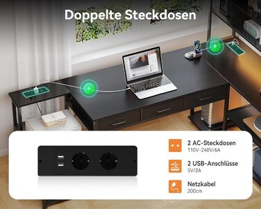 Комп'ютерний стіл Coleshome L-подібний з 5 ящиками та 4 полицями, 180x100 см, з LED-підсвічуванням, розетками та USB, для дому та офісу, білий/чорний