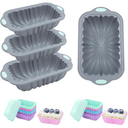 Encounter 28-Piece Silicone Baking Molds Set, Non-Stick Silicone 4/6/8 Cup Toast Pan, Silicone Mold for Bread, Meatloaf, Cake, with 24 Pack Reusable Baking Cups, Light Grey