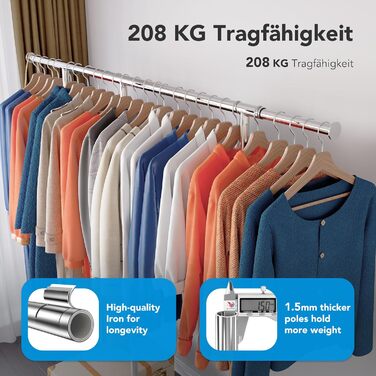 HOKEEPER Heavy-Duty Clothes Rack with Wheels, Up to 150 kg Load Capacity, Durable Clothes Rod with Shelves for Hanging, for Bedroom, Office, Business, Chrome Steel, Black