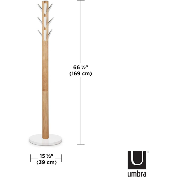 Umbra Flapper Coat Rack – Clothes Rack with 9 Drop-Down Hooks for Entryway and Office, Wood, White, 57.2 x 57.2 x 165.1 cm, White (White/Natural, Bundle with Umbrella Stand)
