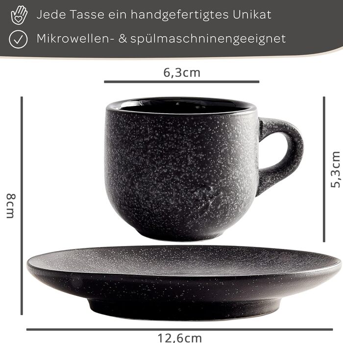 Stone Age Design Espresso Cups (6x80ml) - Espresso Cup Set with matching saucers - Espresso coffee cups made from 100% handmade - stackable cappuccino cups in black