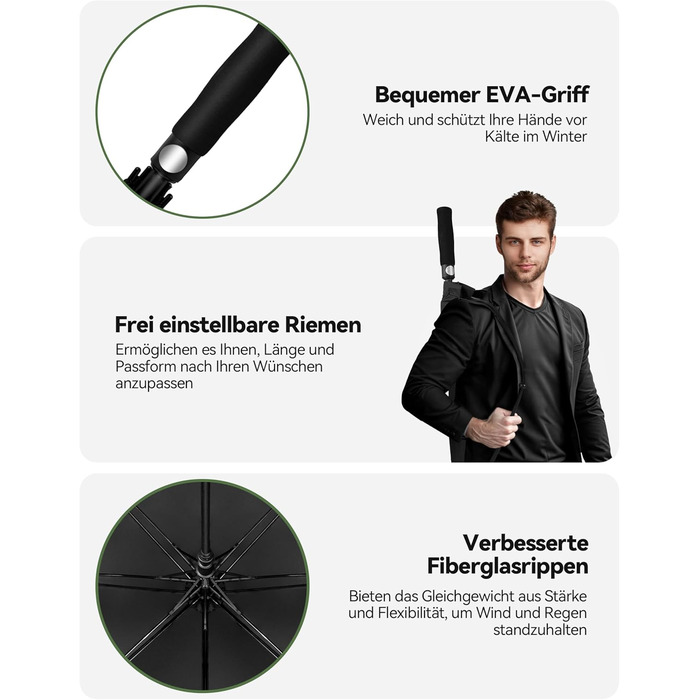 TECKNET Парасолька велика XXL, гольф-парасолька 173 см, штормостійка з подвійною конструкцією, вентильована, з ручкою EVA, для жінок та чоловіків (глибокий чорний, 163 см)