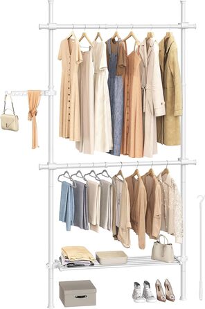 SONGMICS Telescopic Rod Clothes Rack, 3-Tier Wardrobe, Height and Width Adjustable, Open Closet with 2 Clothes Rods and Removable Shelf, Gripper Arm, HSR136B01 (Matt White, 1 Row (84B~123B cm))