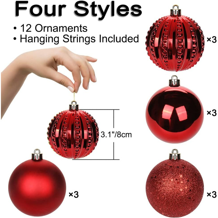 8 см Новорічні кулі для прикраси ялинки, 12 шт. Міцні новорічні кулі-орнаменти для ялинки, червоні. Новорічний декор