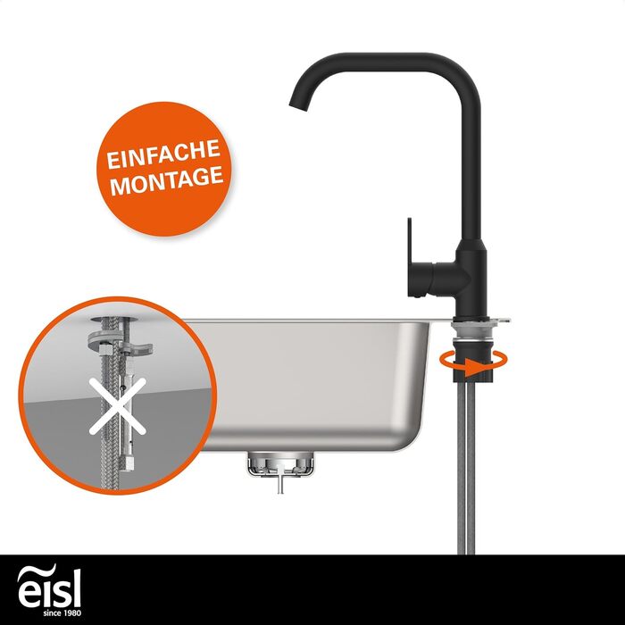 Кран кухонний гнучкий EISL Flexo з нержавіючої сталі/чорний, з високим виливом та м'яким шлангом, поворотний на 360 градусів, NI186FLNIB