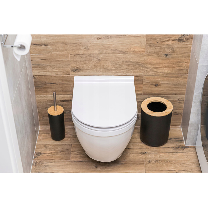 Набір аксесуарів для ванної кімнати чорного кольору: ергономічна щітка для унітазу, кошик для сміття та мильниця