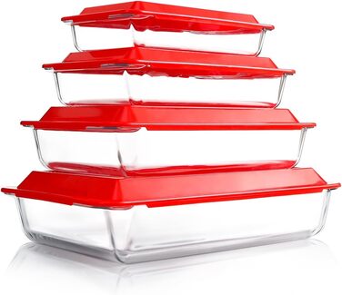Set of 4 Glass Casserole Dishes with Lids, 1+1.7+2.8+4.2L - Lasagna Dish for Oven (NOT THE LID), Rectangular, Glass Storage Containers with Plastic Lid Rectangular with Lid - 1+1.7+2.8+4.2L