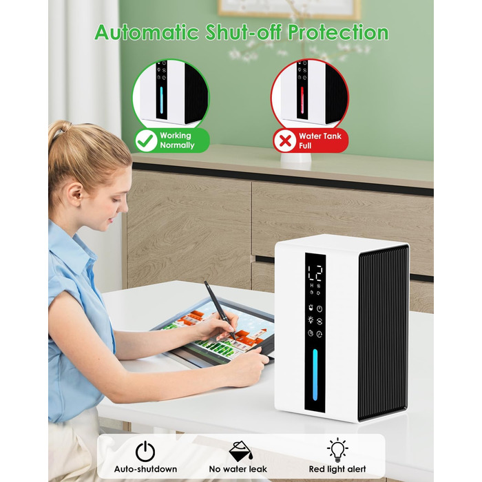Електричний осушувач повітря 1.8L з антизаморожувальним захистом, 2 швидкості та 2 режими, таймер 48H, RGB підсвітка, для спальні, ванної кімнати та гуртожитку 1800 мл