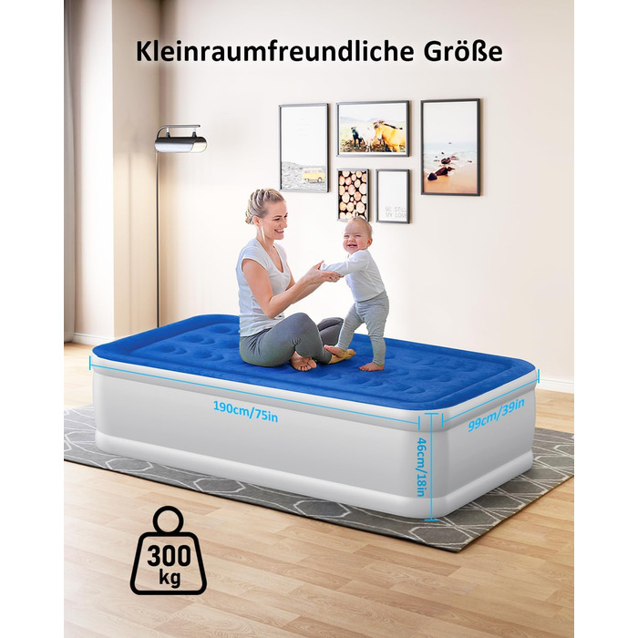 Надувний матрац для одного спального місця, 190 x 99 x 46 см, з вбудованим насосом, для дому, подорожей та кемпінгу, Максимальне навантаження: 300 кг, Колір: блакитний та білий