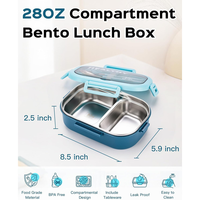 Ланчбокс Lille Home Bento з нержавіючої сталі, 850 мл, 2 відділення, витікання, з сумкою та столовими приборами, BPA-free (Світло-блакитний)