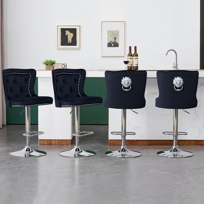 KHISCHMO Velvet Bar Stools 2-Pack - Modern Adjustable Kitchen Counter Barstools with Lion Paw Pulls - 360° Swivel, Black