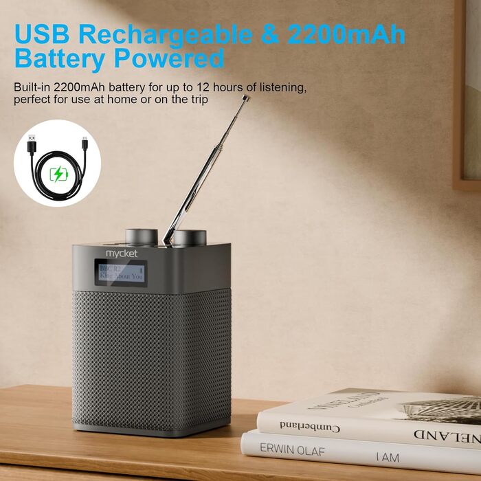 Портативне DAB/DAB+ радіо з цифровим UKW радіоприймачем, FM радіо з Bluetooth 5.0, USB, 80 попередніх станцій, LED дисплеєм сірого кольору