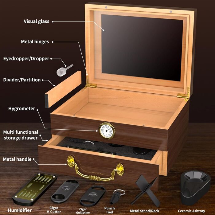 Герметичний вологомір для сигар | Humidor з вологоміром, виготовлений з порцелянового дерева, аксесуари, повний комплект аксесуарів | Для 20–70 сигар (Колір: чорне горіхове дерево)