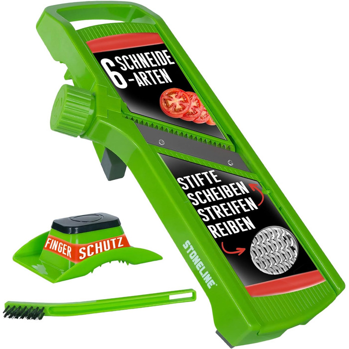 Набір для нарізки овочів STONELINE V: 9 частин для нарізки скибочками, соломкою, кубиками, спіралями. З нержавіючої сталі, з 5 насадок, овочевий слайсер, тертак, фрі-нарізач, мандоліна, кухонний овочевий слайсер (зелений, 3 шт.)