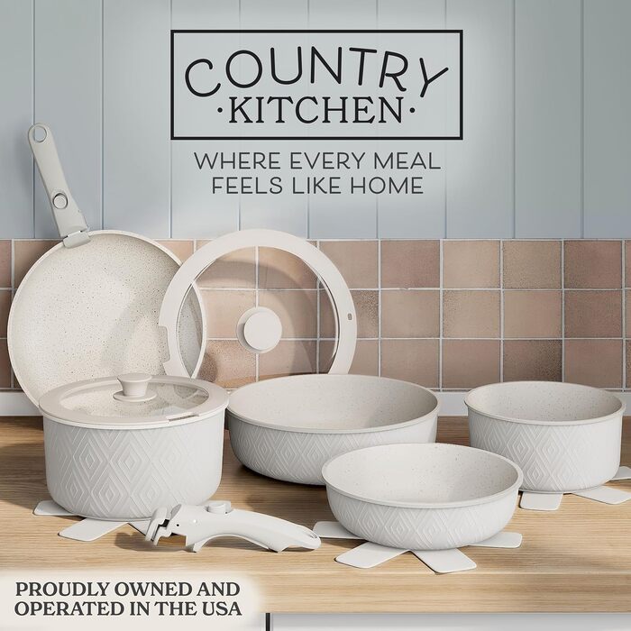 Набір посуду Country Kitchen 16 предметів з керамічним антипригарним покриттям, дерев'яні ручки, для дому та кемпінгу, придатний для духовки (кремовий ромб)