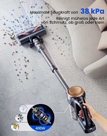 Proscenic P11 Lite 38kPa/400W Cordless Vacuum Cleaner - Lightweight, 40-Minute Replaceable Battery, LED Display, Pet-Friendly, Suitable for Carpets/Hard Floors, Black-Gold