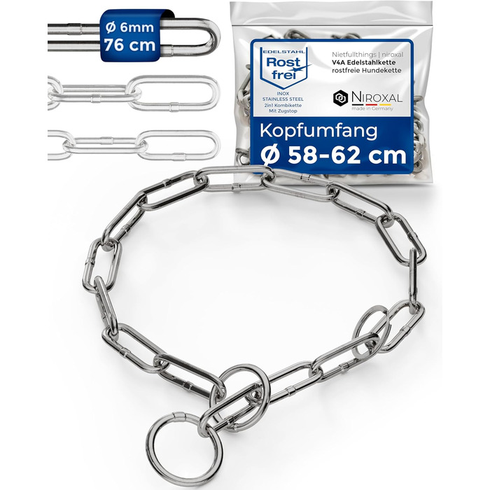 Нашийник для собак з обхватом шиї 49-53 см, нержавіюча сталь V4A, ланцюговий нашийник з запобіжником, довгі ланки 5 мм, загальна довжина 64 см