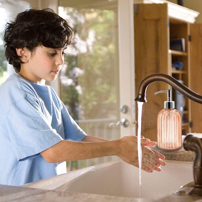 Набір з 2 скляних дозатори для мила з помпою, 400 мл, для мила, шампуню, лосьйону, багаторазові, для кухні, ванної, пральні (бурштиновий)