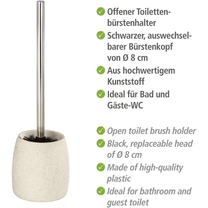 Набір для туалету WENKO Goa: тримач щітки з важкого полірезину (імітація каменю) та щітка з змінним насадком, бежевий, 11,8 x 38,5 см