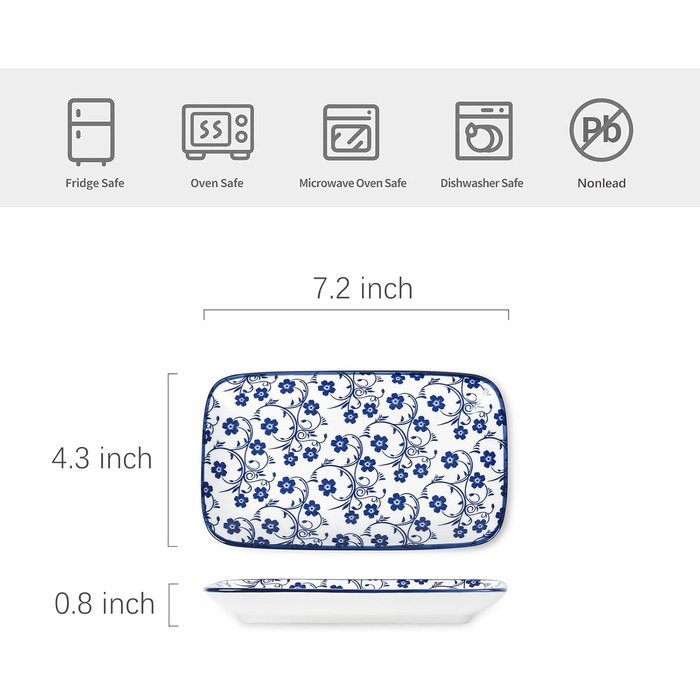 Набір тарілок Selamica, 6 шт., прямокутні, для закусок, десертів, суші, фруктів, 18 × 10.5 × 2 см (Вінтажно-блакитний)