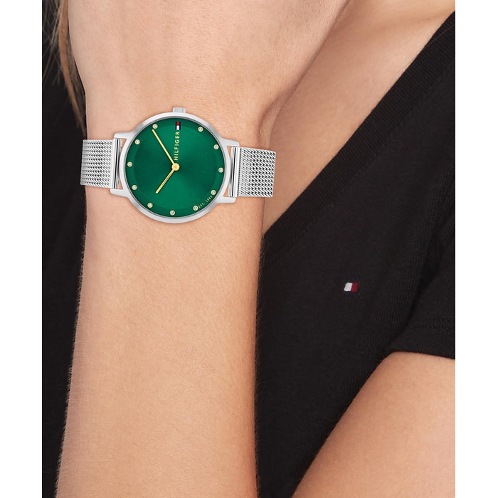 Годинник Tommy Hilfiger для жінок з кварцовим механізмом та сталевим браслетом (ланцюговим або сітчастим), з шкіряним або силіконовим ремінцем (зелений, металевий)
