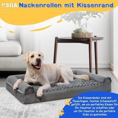 KSIIA Orthopedic Dog Bed for Large Dogs, 105x70x18cm, Removable and Washable Cover, XL Dog Couch with THREE Raised Edges, Non-Slip Bottom, Egg Crate Foam Dog Basket, Grey