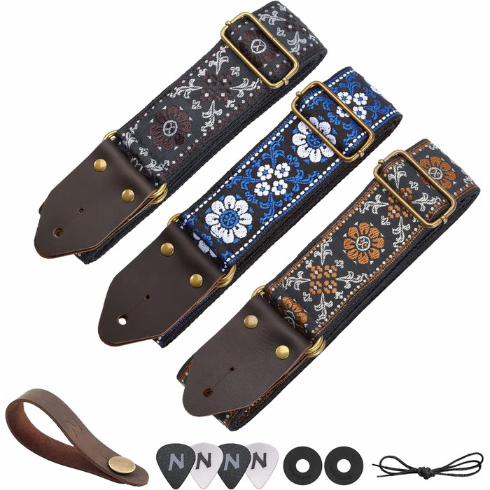 Гітарний ремінь Nefelibata з жаккардової бавовни з шкіряними кінцями Crazy Horse для бас-гітари, електрогітари та акустичної гітари. Подарунок для дітей та гітаристів