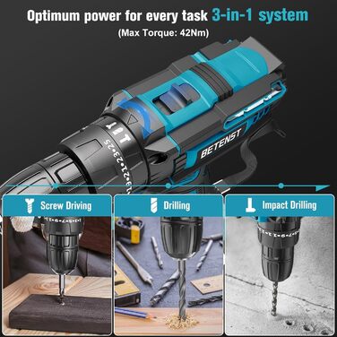 Акумуляторний шуруповерт BETENST 21V з 2 акумуляторами 2.0Ah, 42Nm, 25+3 ступені крутного моменту, 2 швидкості, LED-ліхтар, 30-ти елементний набір для дому та саду, DIY проєкти, блакитний