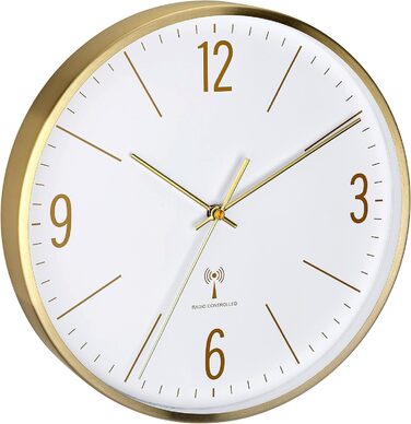 TFA Dostmann Analog Wall Clock, 60.3534.55, 30cm, Gold-Colored Metal Frame, Quiet Movement, Modern Design, with Glass Cover, Gold