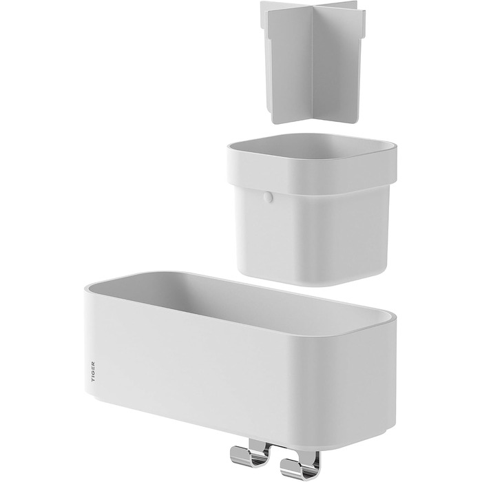 Tiger 2-Tier Bathroom Shelf with Integrated Toothbrush Holder and Hooks, Bathroom Shelf for Shower and Vanity to Store Bathroom Accessories, Color: White