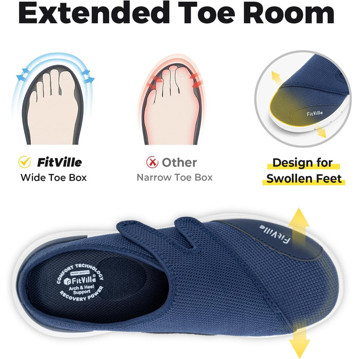 Домашні тапочки FitVille для чоловіків, широкі з клямкою, пантофи для реабілітації, розмір 41 EU, блакитні