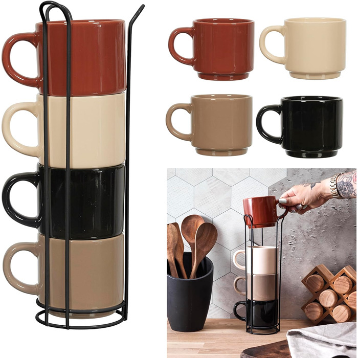 Набір келихів HOME DECO FACTORY KA0500 (4 шт.) з підставкою, кераміка, бежевий, коричневий, чорний, білий