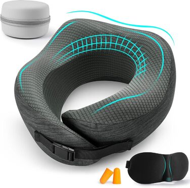 Подушка для шиї у літак, подорожі: Memory Foam, регульована, компактна, з чохлом, навушники, маска для сну (темно-сірий)