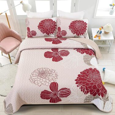 Tagesdecke WONGS BEDDING 220x240 см з квітами, бургунді. М'яка літня ковдра з мікрофібри для двоспального ліжка, комплект з 2 наволочками 48x75 см