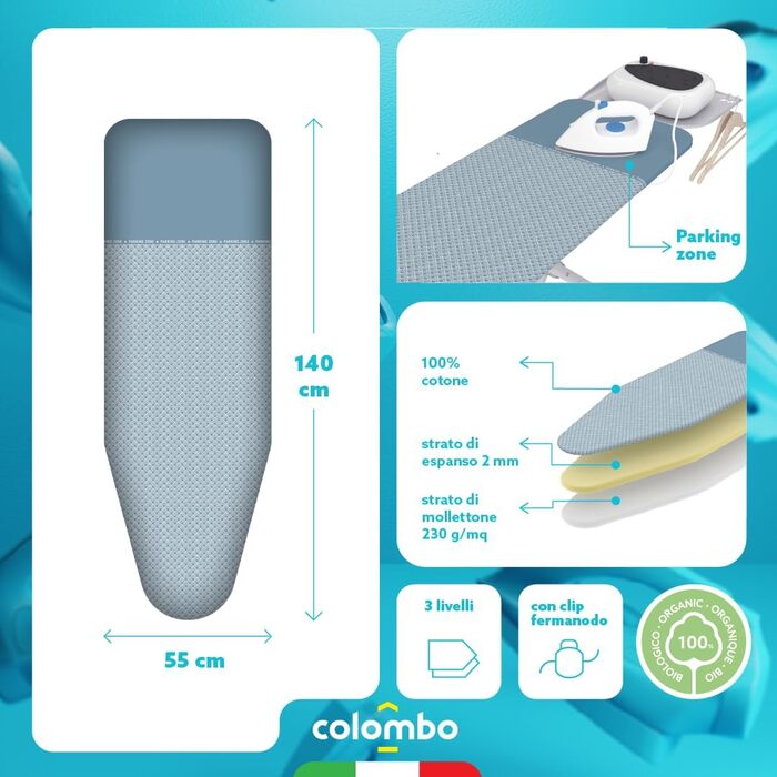 Чохол для прасувальної дошки COLOMBO Parking, 100% бавовна, 140x50 см, тришаровий, Італія