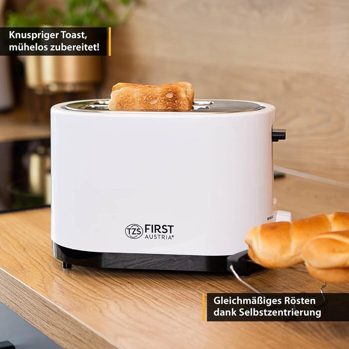 Тостер TZS First Austria 4-х секційний з широким прорізом, 1400 Вт, з підсвічуванням, з лотком для крихт, підставка для тостів, теплоізольований корпус, регулювання температури, корпус з нержавіючої сталі, функція розморожування, центрування хліба, білий