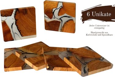 Shizuro Coasters made of wood, square - Set of 6 - Coasters for drinks, cups, mugs, glasses - Design, decor table coasters, real wood, epoxy resin, modern