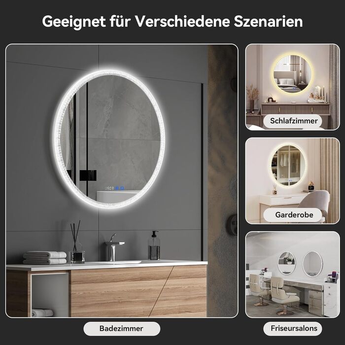 Дзеркало для ванної кімнати YOURLITE з підсвічуванням, 60 см, LED, сенсорне керування, 3 кольори, регулювання яскравості, протизапітніння, функція пам'яті, годинник, білий (сріблястий)