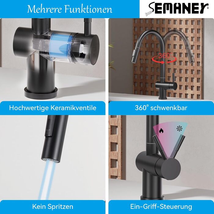 Кран кухонний високого тиску SEMANEY з висувною лійкою, поворотний на 360°, одноручковий, матовий чорний