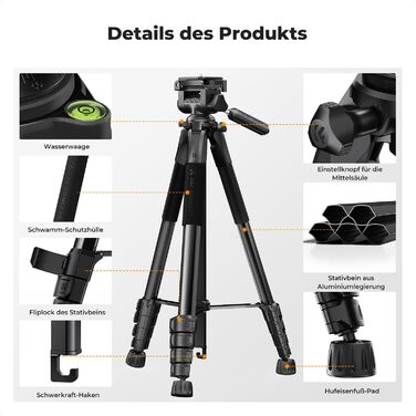 Штатив K&F Concept S255A3+BV01: Легкий штатив 190 см з сумкою та підставкою для смартфона/камери