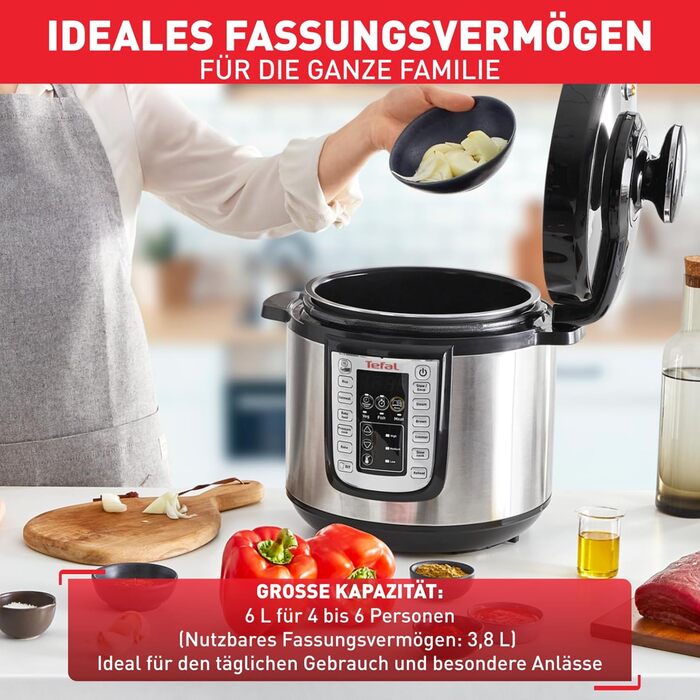 Tefal CY505E Fast & Delicious Multicooker | Electric Pressure Cooker | 6 L Capacity | 25 Automatic Programs | Up to 80% Faster Cooking | Energy-Saving | Recipe Book | 1200 W | Stainless Steel