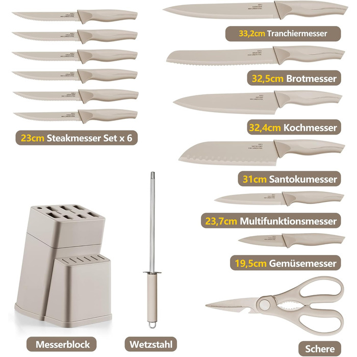Набір ножів Joyfair 15 предметів з бруском, з високоякісної нержавіючої сталі, кухонний набір ножів для нарізки та подрібнення (Хакі)