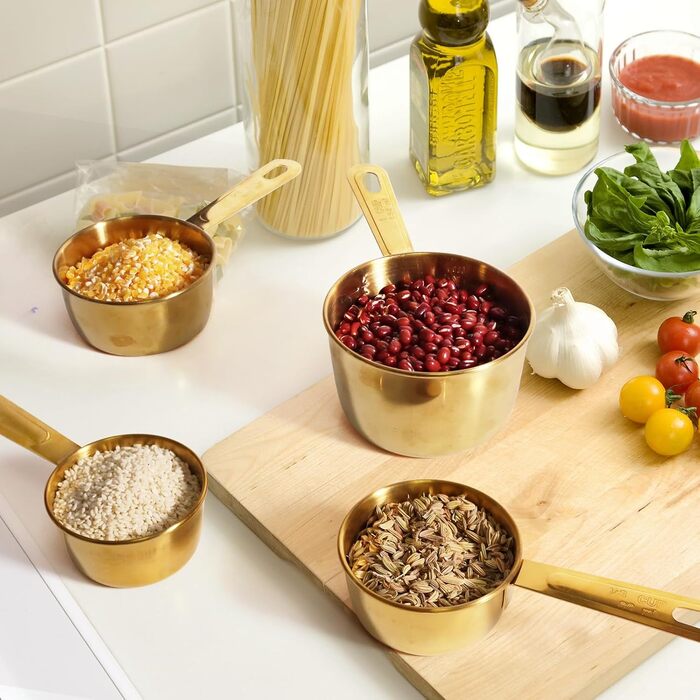 13-Piece Gold-Colored Measuring Cup and Spoon Set, 4 Stainless Steel Measuring Cups and 8 Magnetic Measuring Spoons, 1 Leveler for Kitchen, Cooking, and Baking