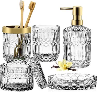 Набір аксесуарів для ванної кімнати зі скла, 5 шт. (Дозатор для лосьйону, мильниця, тримач для зубних щіток, стакан, ватні палички)