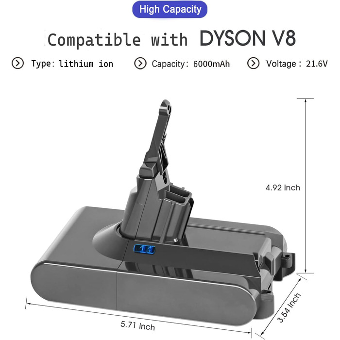 Замінний акумулятор Dyson 6000mAh для пилососів DC58, DC62, DC59, DC61, DC72, DC74, SV03, SV05, SV06, SV07, SV09 (6.0 Ah, V8)