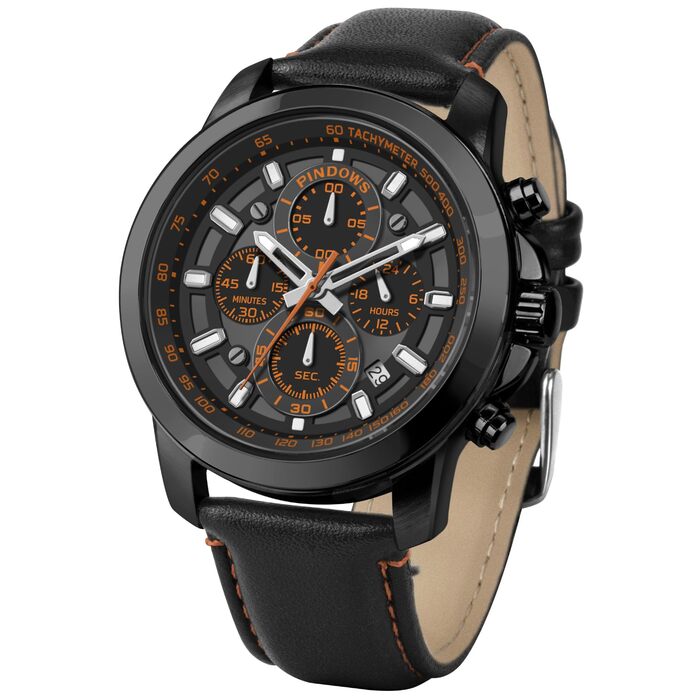 Чоловічий годинник PINDOWS з хронографом, кварцовий, аналоговий, водонепроникний, з коричнево-чорним шкіряним ремінцем, чорний корпус, чорний ремінь, помаранчевий циферблат