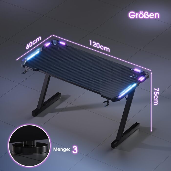 Ігровий стіл Devoko з LED-підсвіткою, комп'ютерний стіл для геймерів, чорний, 120 x 60 см